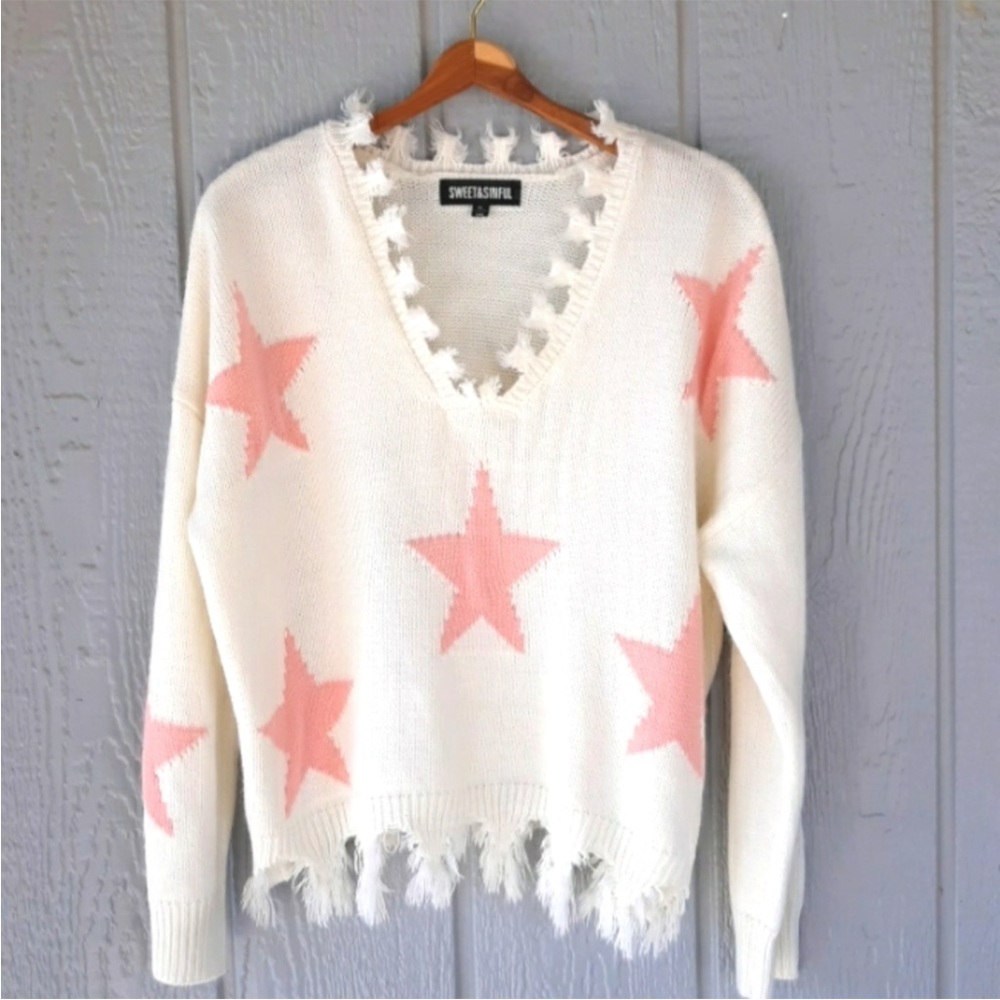 Sweet & Sinful Loose Fringe Hem and V-Neck Long Sleeve Oversized Cropped Sweater